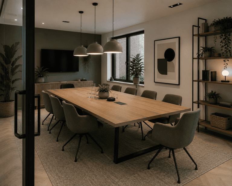 Glass partitioned boardroom with manifestation branding