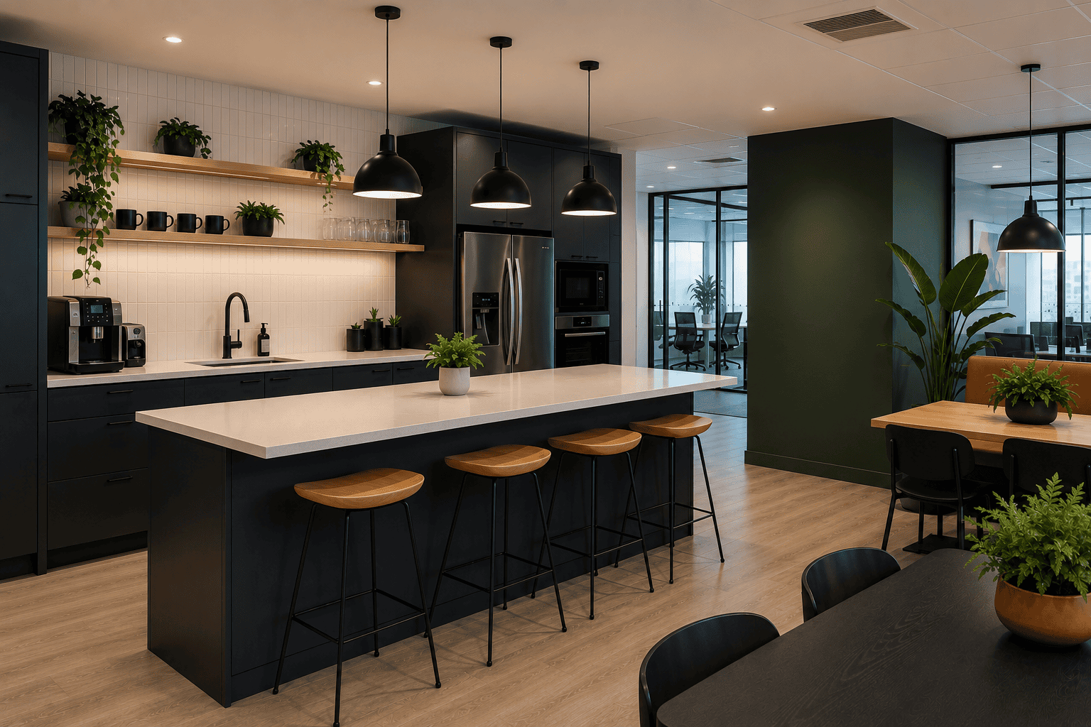 New breakout area with seating and kitchenette after a fit-out